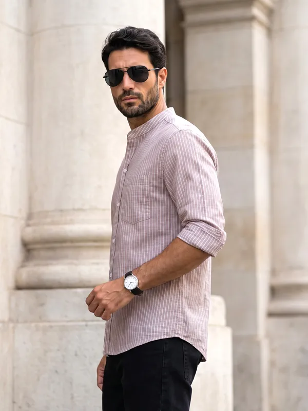 Kuons_Avenue_Men's_Pink_Taupe_Linen_Cotton_Striped_Casual_Shirt