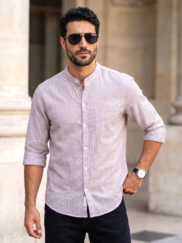 Kuons_Avenue_Men's_Pink_Taupe_Linen_Cotton_Striped_Casual_Shirt