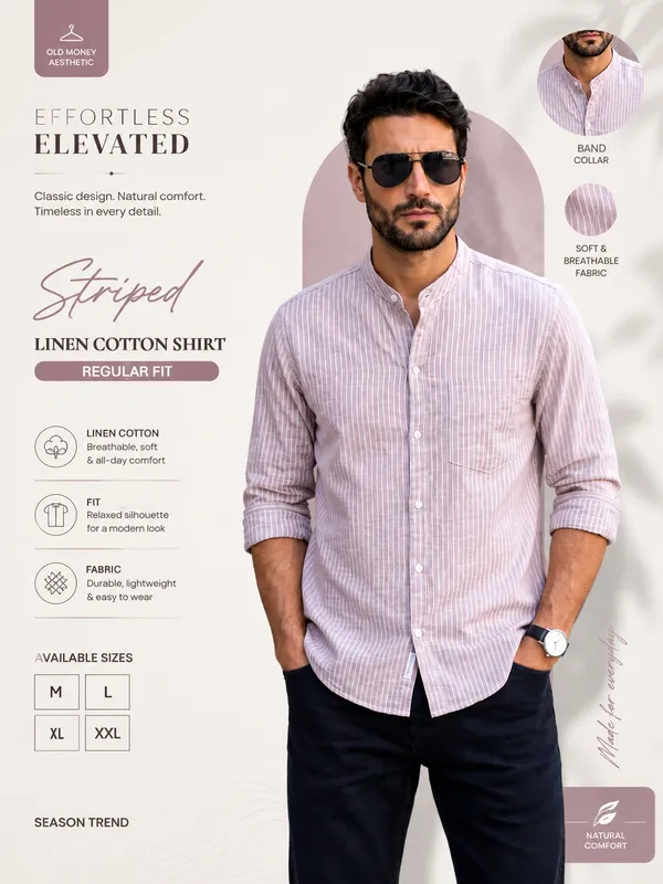 Kuons_Avenue_Men's_Pink_Taupe_Linen_Cotton_Striped_Casual_Shirt