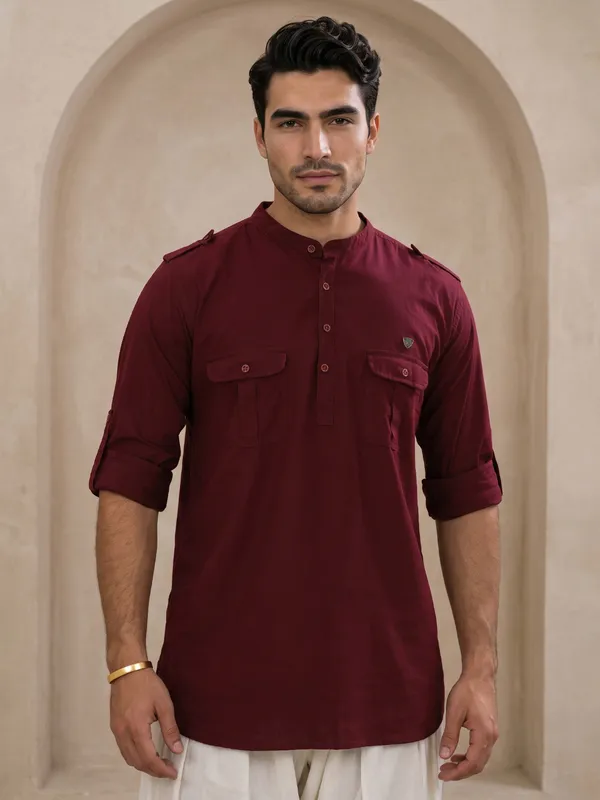 Kuons_Avenue_Men’s_Plum_Linen_Cotton_Pathani_Kurta