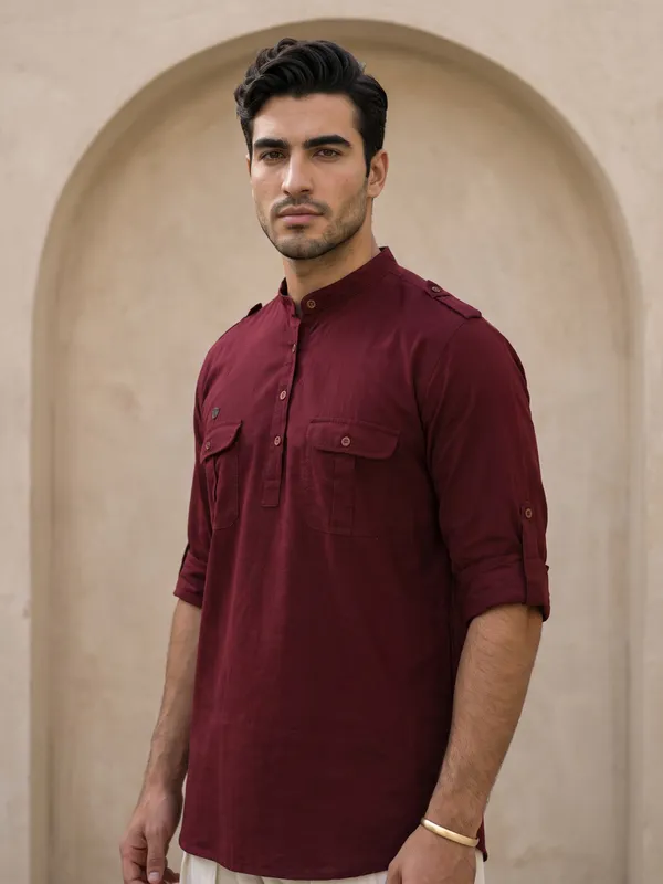 Kuons_Avenue_Men’s_Plum_Linen_Cotton_Pathani_Kurta