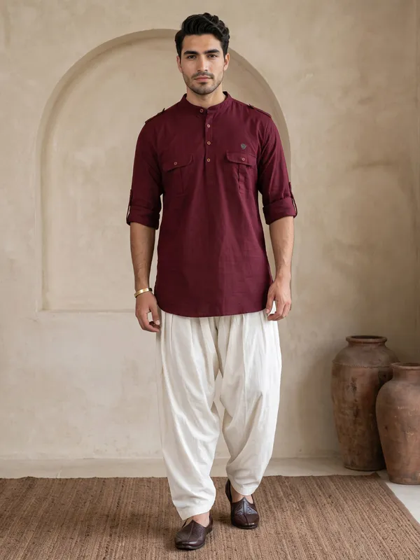 Kuons_Avenue_Men’s_Plum_Linen_Cotton_Pathani_Kurta