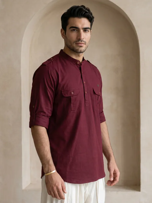 Kuons_Avenue_Men’s_Plum_Linen_Cotton_Pathani_Kurta