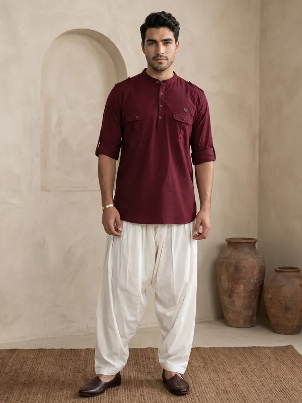 Kuons_Avenue_Men’s_Plum_Linen_Cotton_Pathani_Kurta