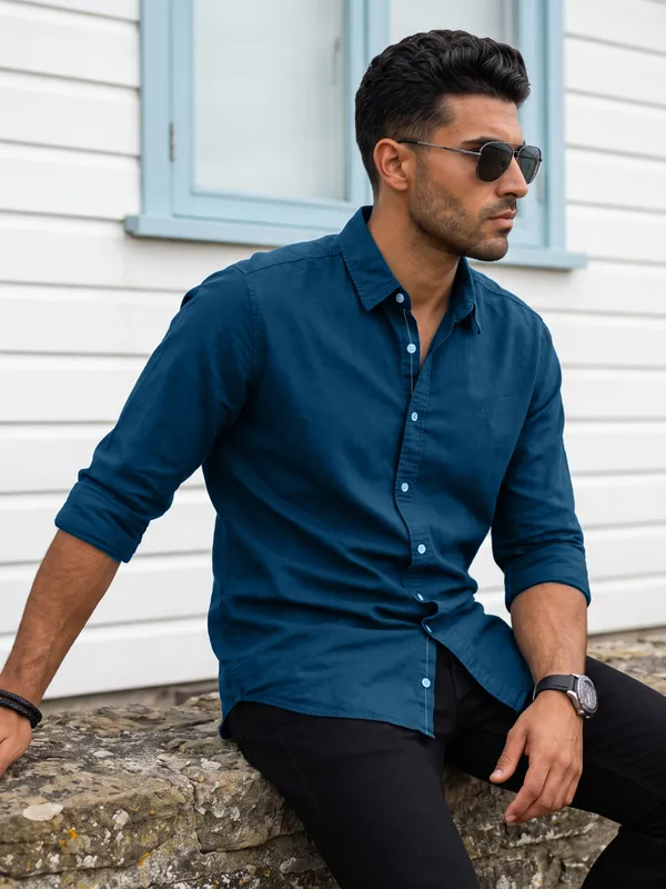Kuons_Avenue_Men's_Prussian_Blue_Tencel_Linen_Casual_Shirt