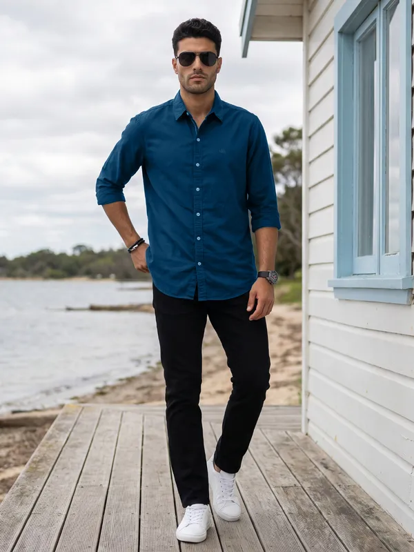 Kuons_Avenue_Men's_Prussian_Blue_Tencel_Linen_Casual_Shirt