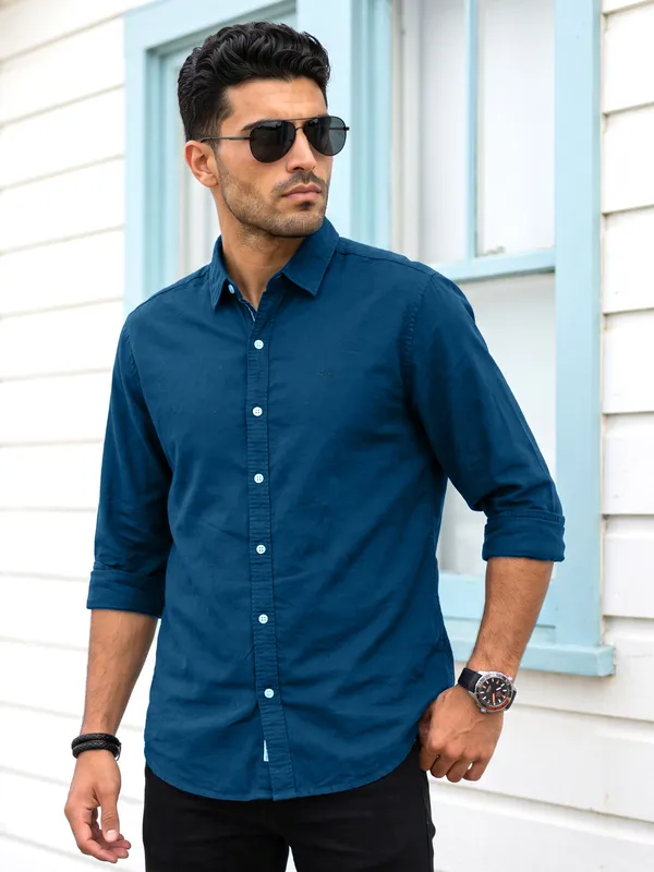 Kuons_Avenue_Men's_Prussian_Blue_Tencel_Linen_Casual_Shirt