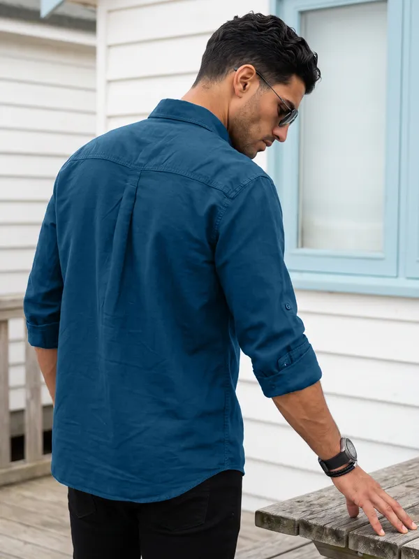 Kuons_Avenue_Men's_Prussian_Blue_Tencel_Linen_Casual_Shirt