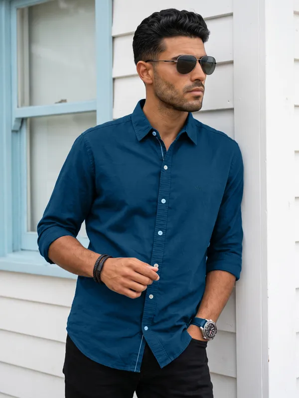 Kuons_Avenue_Men's_Prussian_Blue_Tencel_Linen_Casual_Shirt