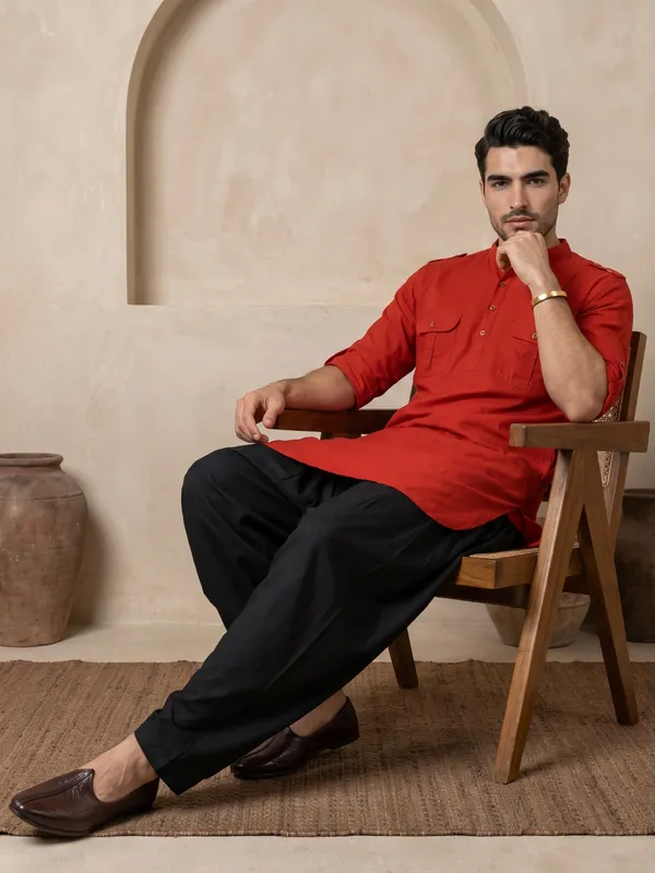 Kuons_Avenue_Men’s_Rust_Brown_Linen_Cotton_Pathani_Kurta