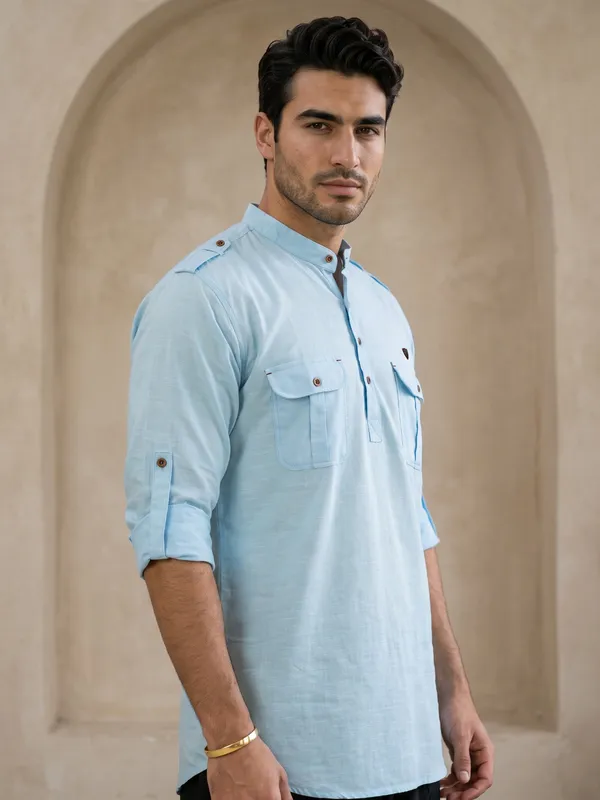 Kuons_Avenue_Men’s_Sky_Blue_Linen_Cotton_Pathani_Kurta
