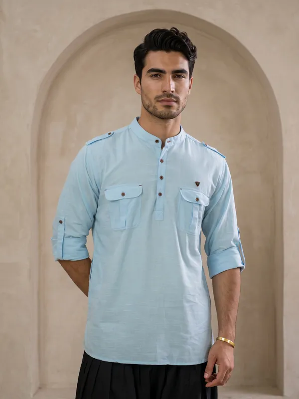 Kuons_Avenue_Men’s_Sky_Blue_Linen_Cotton_Pathani_Kurta