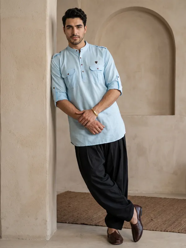 Kuons_Avenue_Men’s_Sky_Blue_Linen_Cotton_Pathani_Kurta