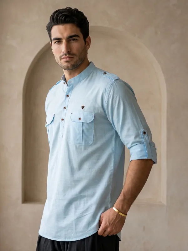Kuons_Avenue_Men’s_Sky_Blue_Linen_Cotton_Pathani_Kurta