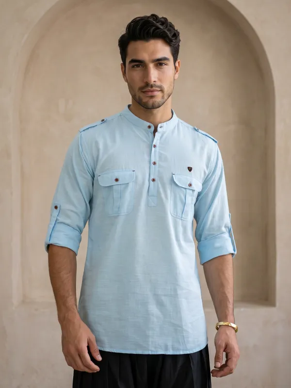 Kuons_Avenue_Men’s_Sky_Blue_Linen_Cotton_Pathani_Kurta