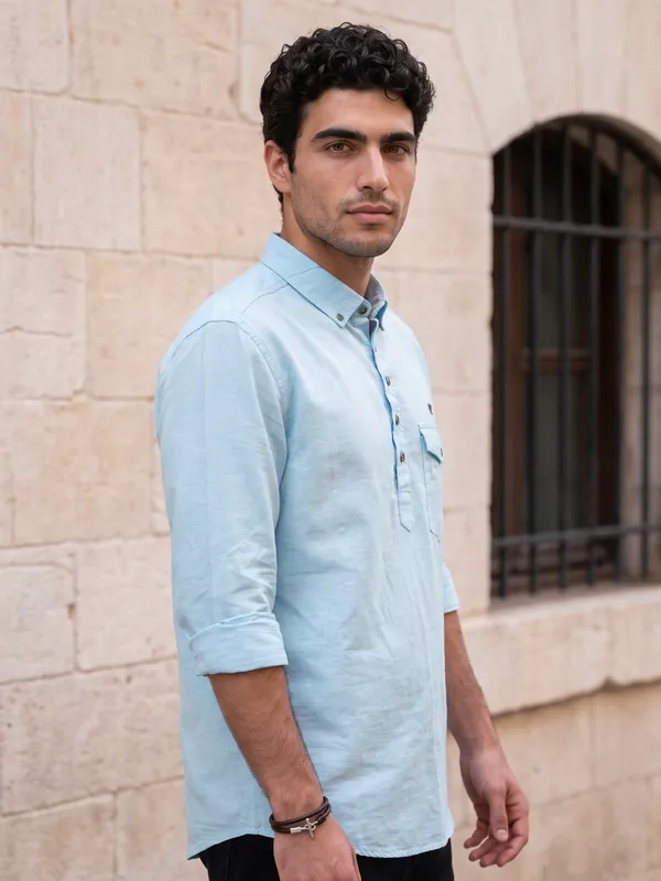 Kuons_Avenue_Men’s_Sky_Blue_Linen_Cotton_Shirt_Style_Kurta