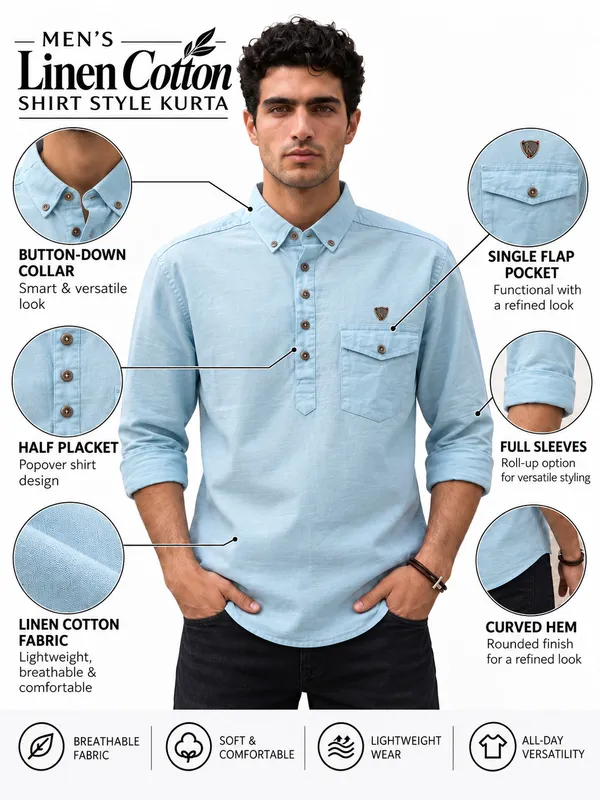 Kuons_Avenue_Men’s_Sky_Blue_Linen_Cotton_Shirt_Style_Kurta