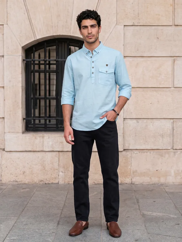 Kuons_Avenue_Men’s_Sky_Blue_Linen_Cotton_Shirt_Style_Kurta