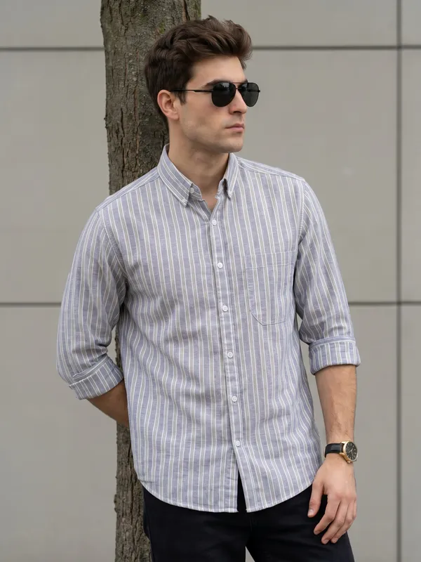 Kuons_Avenue_Men’s_Sky_Blue_with_Beige_&_White_Striped_Linen_Cotton_Casual_Shirt