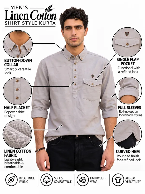 Kuons_Avenue_Men’s_Steel_Grey_Linen_Cotton_Shirt_Style_Kurta