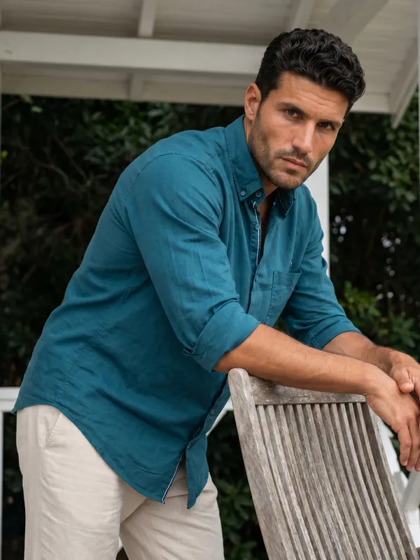 Kuons_Avenue_Men's_Teal_Tencel_Linen_Casual_Shirt