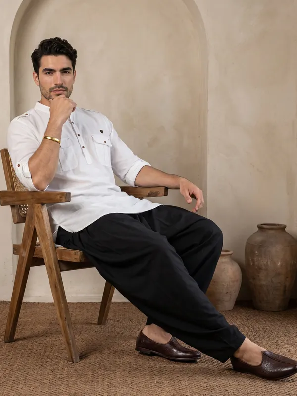 Kuons_Avenue_Men’s_White_Linen_Cotton_Pathani_Kurta