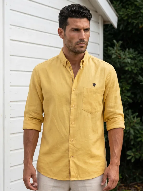 Kuons_Avenue_Men's_Yellow_Ochre_Tencel_Linen_Casual_Shirt