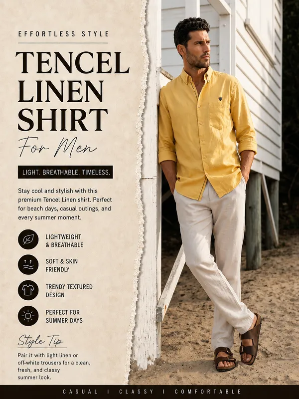 Kuons_Avenue_Men's_Yellow_Ochre_Tencel_Linen_Casual_Shirt
