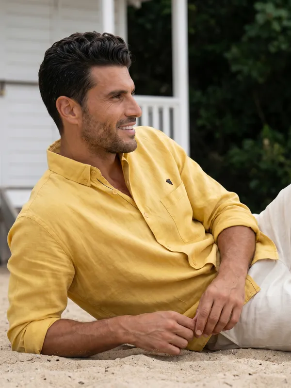 Kuons_Avenue_Men's_Yellow_Ochre_Tencel_Linen_Casual_Shirt