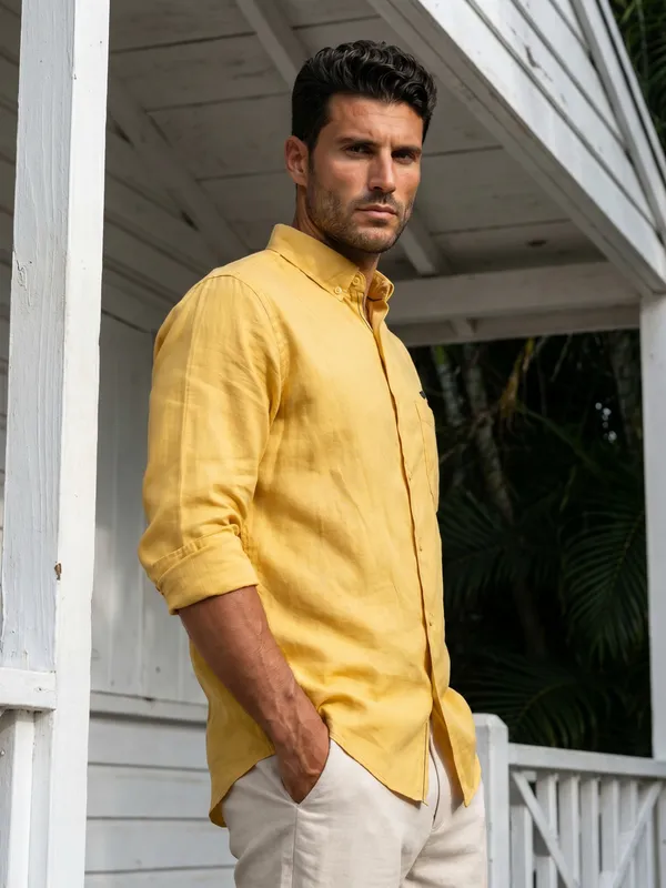 Kuons_Avenue_Men's_Yellow_Ochre_Tencel_Linen_Casual_Shirt