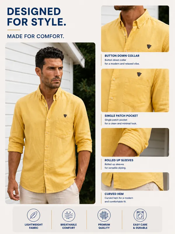 Kuons_Avenue_Men's_Yellow_Ochre_Tencel_Linen_Casual_Shirt