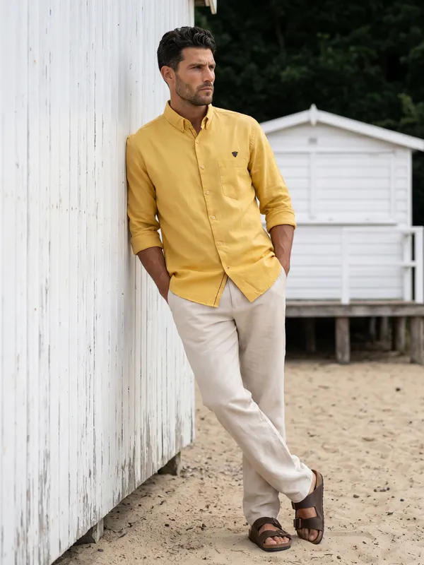 Kuons_Avenue_Men's_Yellow_Ochre_Tencel_Linen_Casual_Shirt