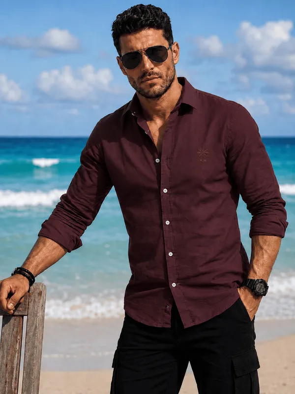 Men's_Wine_Linen_Cotton_Signature_Casual_Shirt