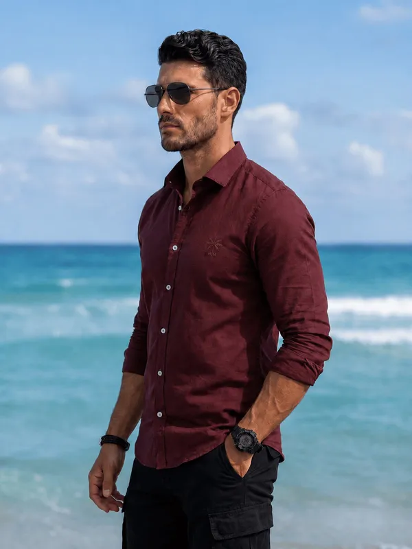 Men's_Wine_Linen_Cotton_Signature_Casual_Shirt