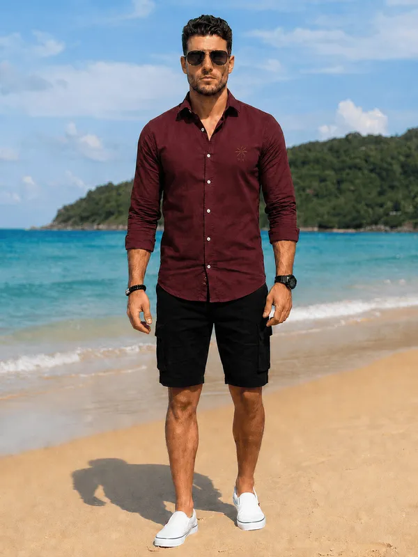 Men's_Wine_Linen_Cotton_Signature_Casual_Shirt