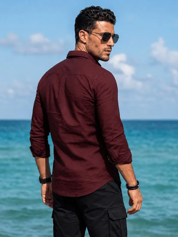Men's_Wine_Linen_Cotton_Signature_Casual_Shirt