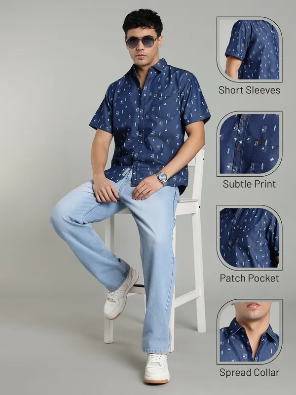 Men's_Denimax_Blue_Denim_Half_Sleeves_Tailored_Fit_Printed_Casual_Shirt