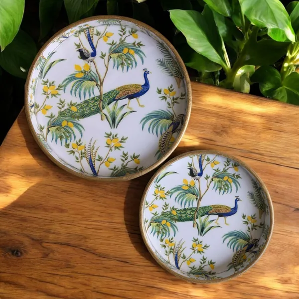 Elegant_Peacock_Round_MDF_Decorative_Tray_Set
