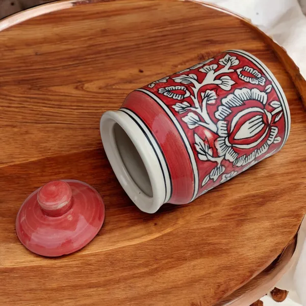 Hand-Painted_Red_Ceramic_Storage_Jar_with_Lid_|_Floral_Design_|_Multipurpose_Kitchen_Container_|_850ML_Non_Air_Tight