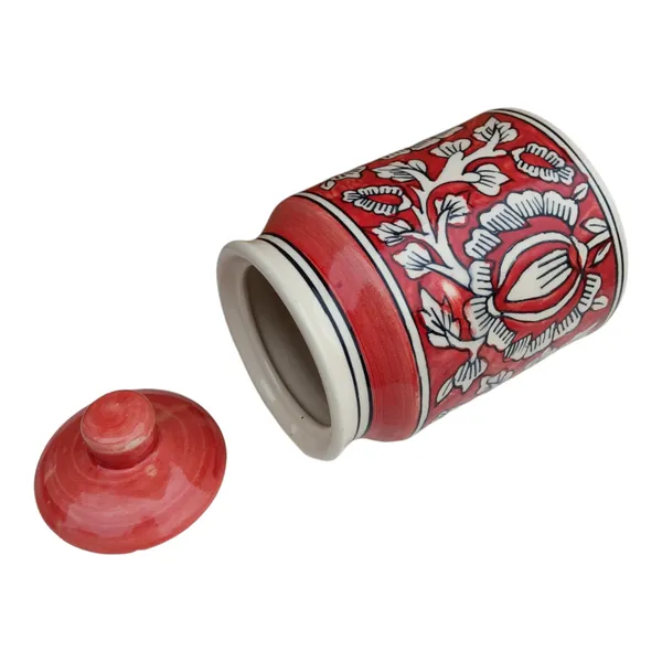Hand-Painted_Red_Ceramic_Storage_Jar_with_Lid_|_Floral_Design_|_Multipurpose_Kitchen_Container_|_850ML_Non_Air_Tight