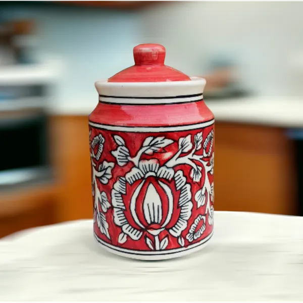 Hand-Painted_Red_Ceramic_Storage_Jar_with_Lid_|_Floral_Design_|_Multipurpose_Kitchen_Container_|_850ML_Non_Air_Tight