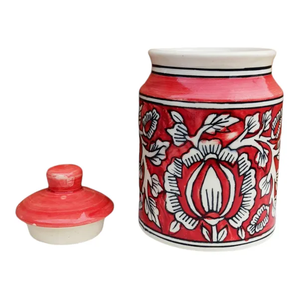 Hand-Painted_Red_Ceramic_Storage_Jar_with_Lid_|_Floral_Design_|_Multipurpose_Kitchen_Container_|_850ML_Non_Air_Tight