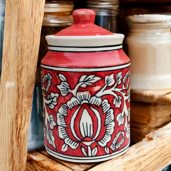 Hand-Painted_Red_Ceramic_Storage_Jar_with_Lid_|_Floral_Design_|_Multipurpose_Kitchen_Container_|_850ML_Non_Air_Tight