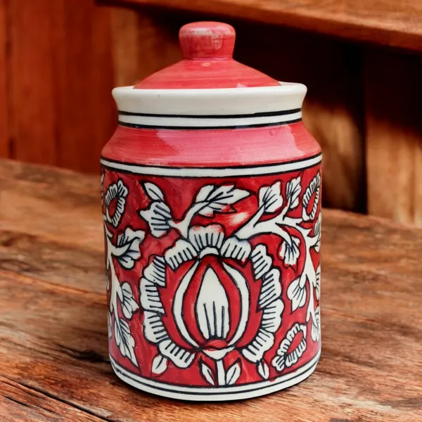 Hand-Painted_Red_Ceramic_Storage_Jar_with_Lid_|_Floral_Design_|_Multipurpose_Kitchen_Container_|_850ML_Non_Air_Tight