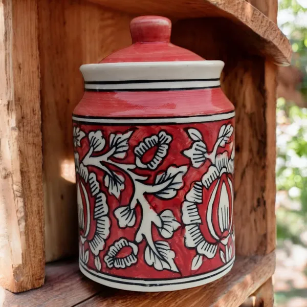 Hand-Painted_Red_Ceramic_Storage_Jar_with_Lid_|_Floral_Design_|_Multipurpose_Kitchen_Container_|_850ML_Non_Air_Tight