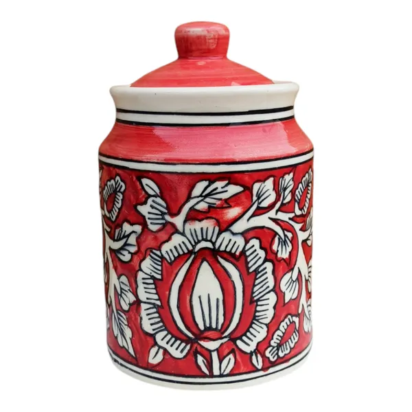 Hand-Painted_Red_Ceramic_Storage_Jar_with_Lid_|_Floral_Design_|_Multipurpose_Kitchen_Container_|_850ML_Non_Air_Tight
