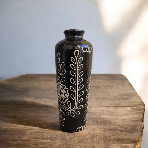Handcrafted_Black_Ceramic_Vase_–_Debossed_Floral_Design_|_10.5"