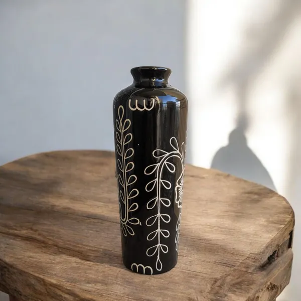 Handcrafted_Black_Ceramic_Vase_–_Debossed_Floral_Design_|_10.5"