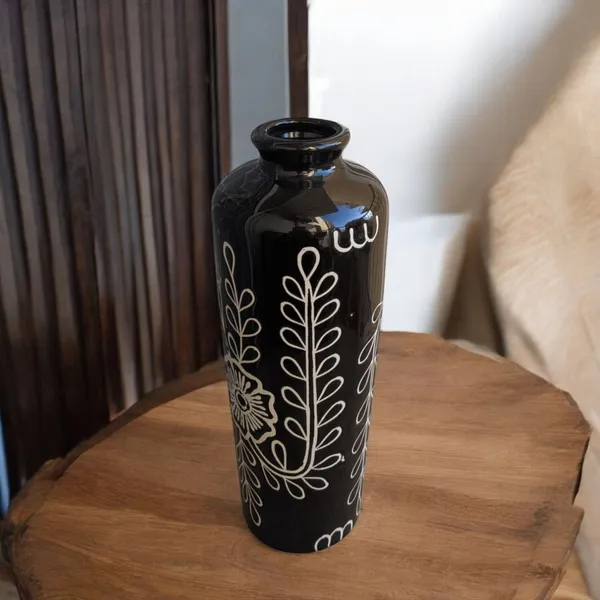 Handcrafted_Black_Ceramic_Vase_–_Debossed_Floral_Design_|_10.5"