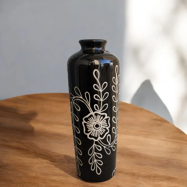 Handcrafted_Black_Ceramic_Vase_–_Debossed_Floral_Design_|_10.5"